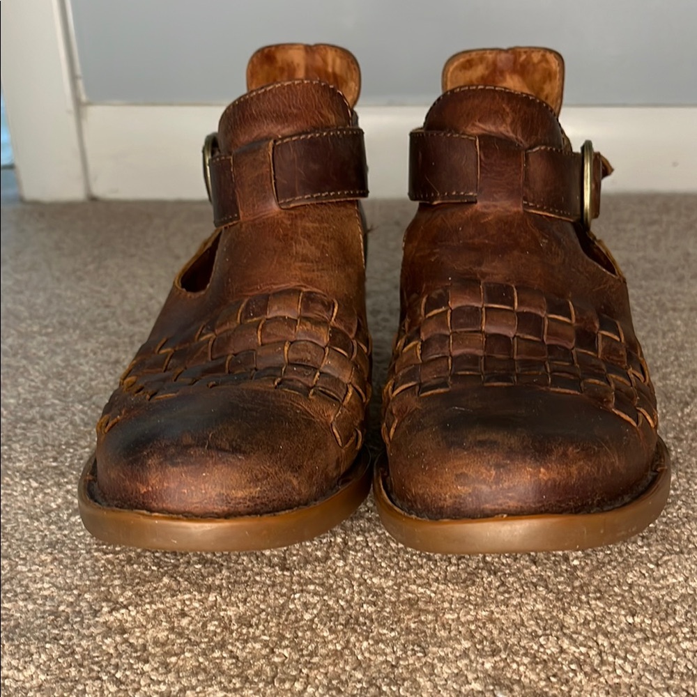 Born Brown Leather Sandals with Woven Design